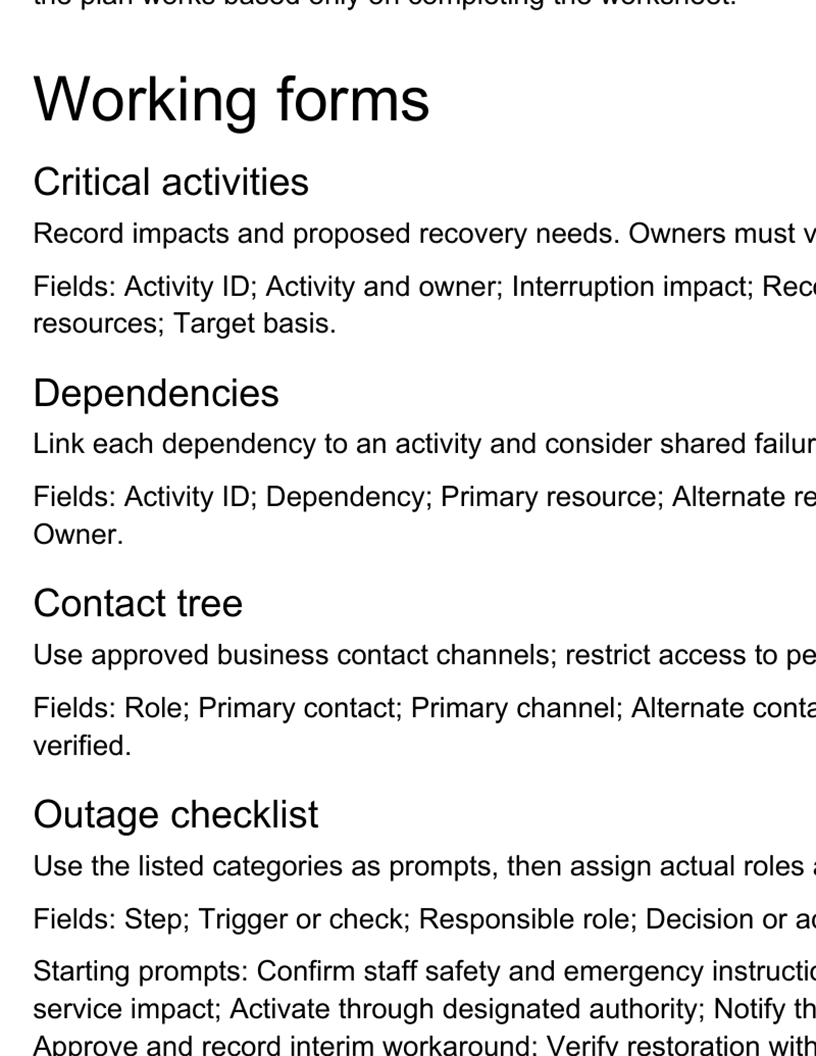Working forms excerpt from the Business Continuity Starter Workbook