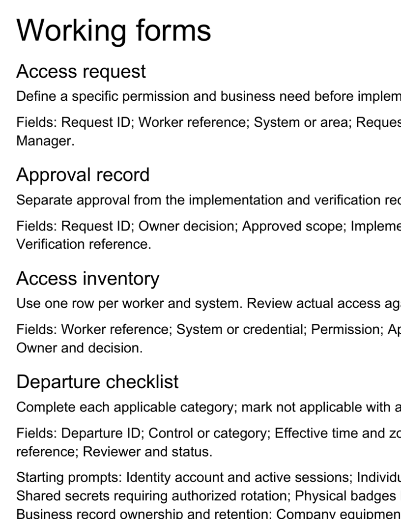 Working forms excerpt from the Employee Access and Offboarding Pack