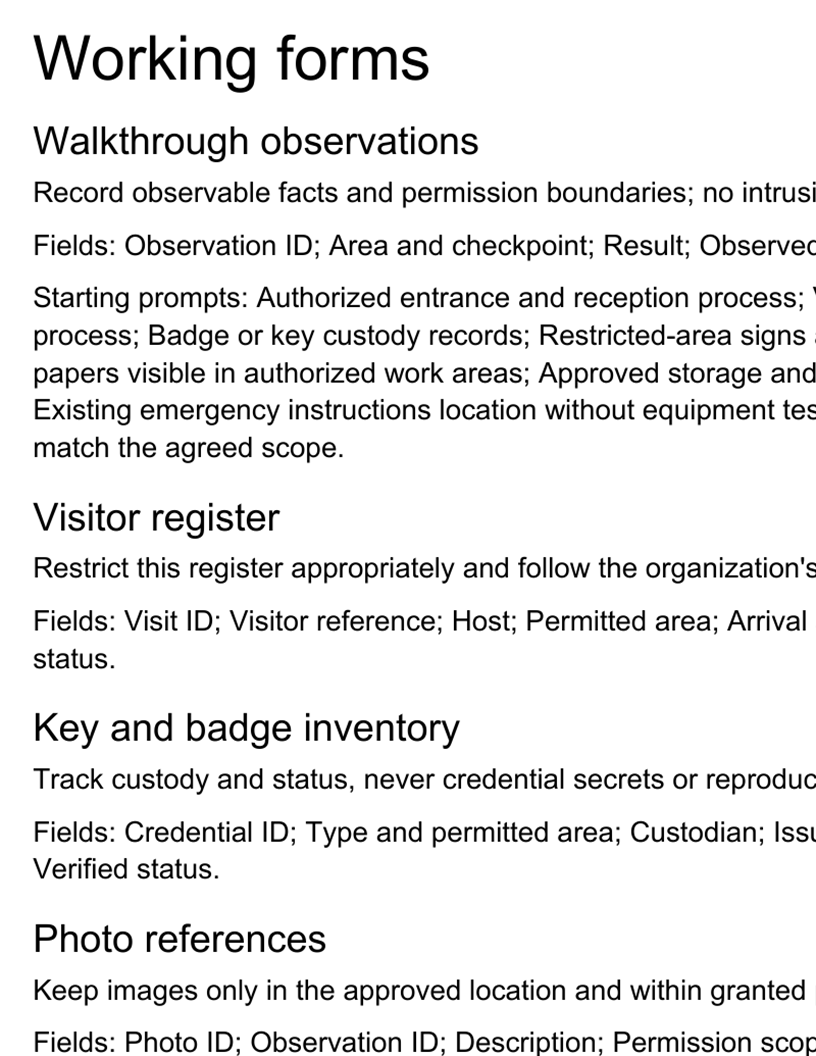 Working forms excerpt from the Facility Security Walkthrough Pack