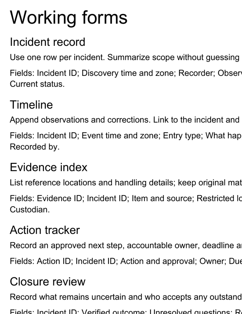 Working forms excerpt from the Incident Documentation Kit
