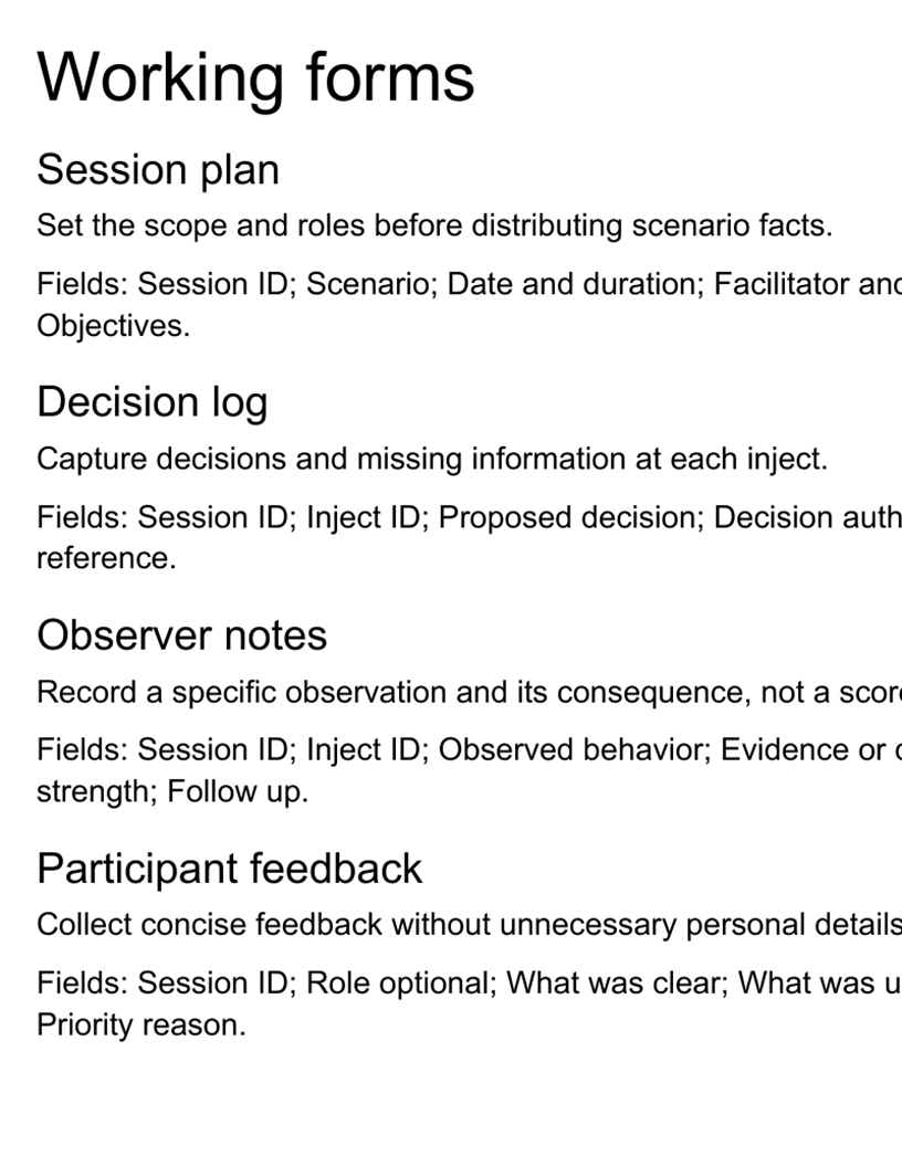 Working forms excerpt from the Security Tabletop Exercise Kit