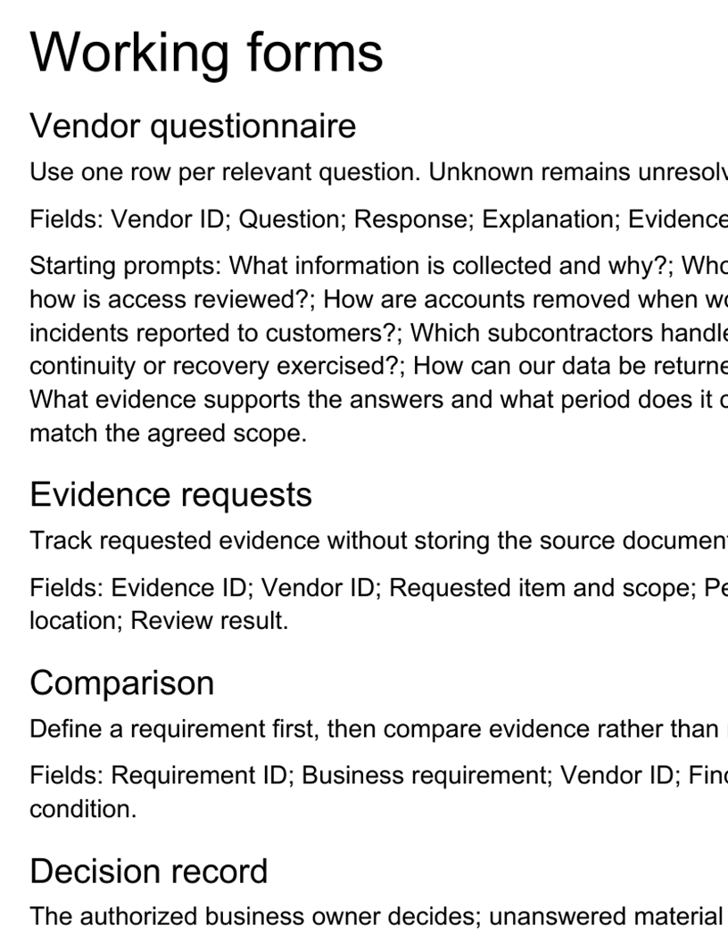 Working forms excerpt from the Vendor Review Starter Kit